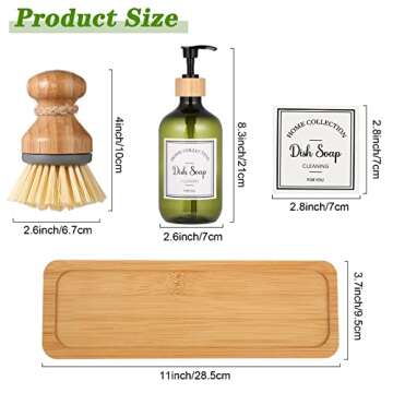 Zopeal 4 Pcs 16 oz Kitchen Soap Dispenser Set with Bamboo Tray and Dish Brush Plastic Soap Dispenser Set with Waterproof Labels for Hand Dish Lotion(Green)