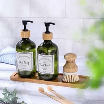 Zopeal 4 Pcs 16 oz Kitchen Soap Dispenser Set with Bamboo Tray and Dish Brush Plastic Soap Dispenser Set with Waterproof Labels for Hand Dish Lotion(Green)