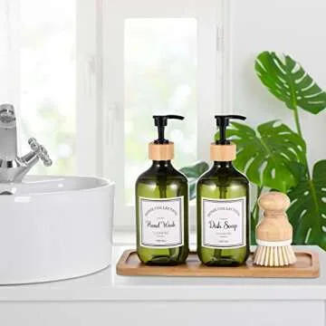 Zopeal 4 Pcs 16 oz Kitchen Soap Dispenser Set with Bamboo Tray and Dish Brush Plastic Soap Dispenser Set with Waterproof Labels for Hand Dish Lotion(Green)