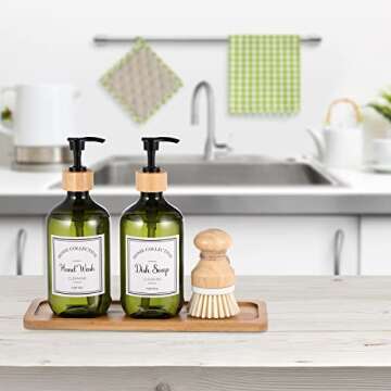 Zopeal 4 Pcs 16 oz Kitchen Soap Dispenser Set with Bamboo Tray and Dish Brush Plastic Soap Dispenser Set with Waterproof Labels for Hand Dish Lotion(Green)