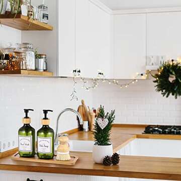 Zopeal 4 Pcs 16 oz Kitchen Soap Dispenser Set with Bamboo Tray and Dish Brush Plastic Soap Dispenser Set with Waterproof Labels for Hand Dish Lotion(Green)