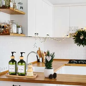 Zopeal 4 Pcs 16 oz Kitchen Soap Dispenser Set with Bamboo Tray and Dish Brush Plastic Soap Dispenser Set with Waterproof Labels for Hand Dish Lotion(Green)