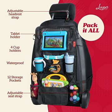 Lusso Gear Heavy Duty Back Seat Car Organizer Extra Large for Protection, Sag Proof & Reinforced Corners, Protects iPad & Backseat, 12 Versatile Car Seat Organizer Storage Compartments (Black)