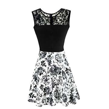 Sylvestidoso Women's A-Line Pleated Sleeveless Little Cocktail Party Dress Black Lace Peony (S, Black Top)