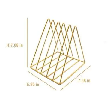 QPEY Triangle File Holder,5 Slot Metal Vinyl Record Stand Holder Magazine Newspaper Holder Photography Props for Office Home 1 Pc (Gold)