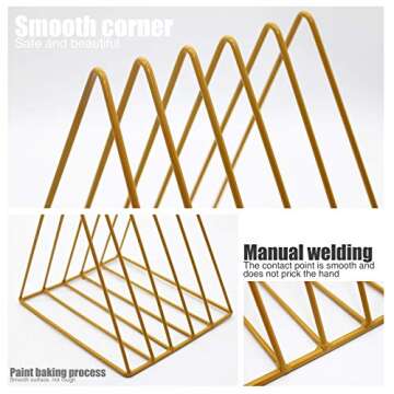 QPEY Triangle File Holder,5 Slot Metal Vinyl Record Stand Holder Magazine Newspaper Holder Photography Props for Office Home 1 Pc (Gold)
