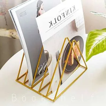 QPEY Triangle File Holder,5 Slot Metal Vinyl Record Stand Holder Magazine Newspaper Holder Photography Props for Office Home 1 Pc (Gold)