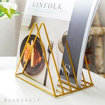 QPEY Triangle File Holder,5 Slot Metal Vinyl Record Stand Holder Magazine Newspaper Holder Photography Props for Office Home 1 Pc (Gold)