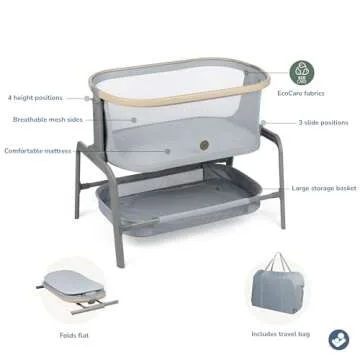 Maxi-Cosi Iora Baby Bassinets Bedside Sleeper, Portable Bassinet, Infant Bedside Sleeper Crib, Height Adjustable, Breathable Mesh, Large Storage Basket, Classic Slate