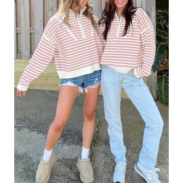 Saodimallsu Womens Striped Sweaters Quarter Zip V Neck Collared Long Sleeve Ribbed Knit Loose Pullover Sweater Pink