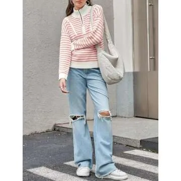 Saodimallsu Womens Striped Sweaters Quarter Zip V Neck Collared Long Sleeve Ribbed Knit Loose Pullover Sweater Pink