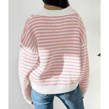 Saodimallsu Womens Striped Sweaters Quarter Zip V Neck Collared Long Sleeve Ribbed Knit Loose Pullover Sweater Pink