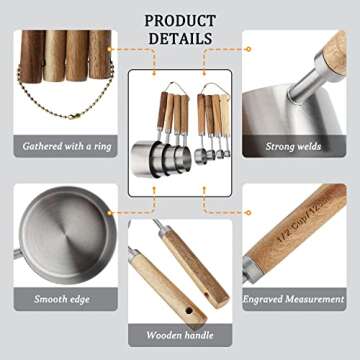 Measuring Cups and Spoons Set Stainless Steel Measuring Cups and Spoons with Wood Handle for Dry and Liquid Ingredients
