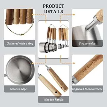 Measuring Cups and Spoons Set Stainless Steel Measuring Cups and Spoons with Wood Handle for Dry and Liquid Ingredients