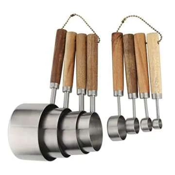 Measuring Cups and Spoons Set Stainless Steel Measuring Cups and Spoons with Wood Handle for Dry and Liquid Ingredients