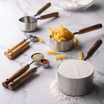 Measuring Cups and Spoons Set Stainless Steel Measuring Cups and Spoons with Wood Handle for Dry and Liquid Ingredients