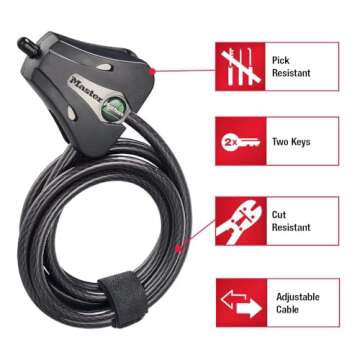 Master Lock Black Python Bike Lock with Key, Adjustable Metal Cable Lock has a Weather Resistant Vin...