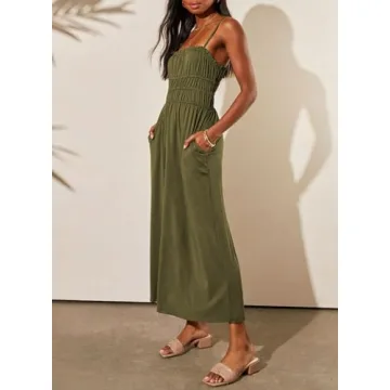 Dokotoo Long Flowy Dresses for Women Summer Adjustable Spaghetti Strap Sleeveless Dresses for Women 2024 Green Medium