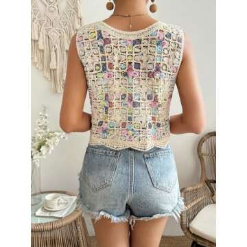 Verdusa Women's Hollow Out Crochet Button Front V Neck Sleeveless Knit Sweater Vest Beige Multi Small