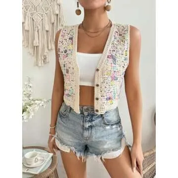 Verdusa Women's Hollow Out Crochet Button Front V Neck Sleeveless Knit Sweater Vest Beige Multi Small