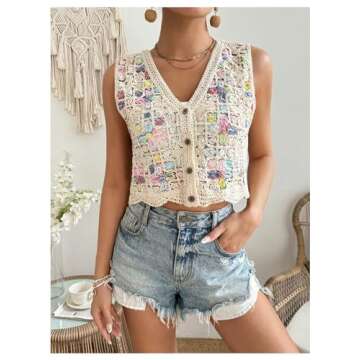 Verdusa Women's Hollow Out Crochet Button Front V Neck Sleeveless Knit Sweater Vest Beige Multi Small