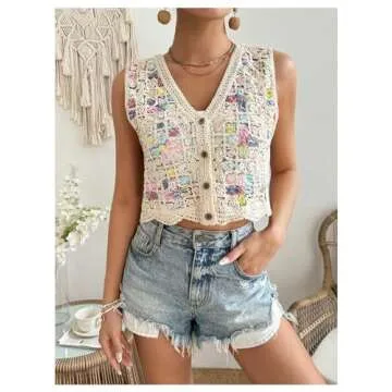 Verdusa Women's Hollow Out Crochet Button Front V Neck Sleeveless Knit Sweater Vest Beige Multi Small