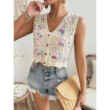 Verdusa Women's Hollow Out Crochet Button Front V Neck Sleeveless Knit Sweater Vest Beige Multi Small