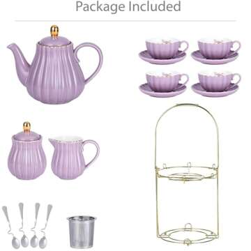 Jusalpha Fine China 8 OZ Purple Coffee Cup/Teacup, Saucer, Spoons, Teapot and Creamer Set, 17-Pieces (FD-TW17PC Set, Purple)