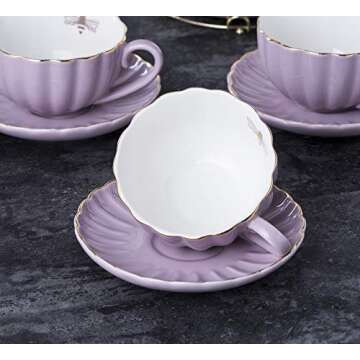 Jusalpha Fine China 8 OZ Purple Coffee Cup/Teacup, Saucer, Spoons, Teapot and Creamer Set, 17-Pieces (FD-TW17PC Set, Purple)