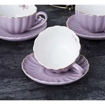 Jusalpha Fine China 8 OZ Purple Coffee Cup/Teacup, Saucer, Spoons, Teapot and Creamer Set, 17-Pieces (FD-TW17PC Set, Purple)