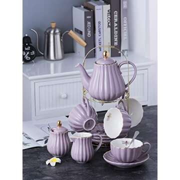 Jusalpha Fine China 8 OZ Purple Coffee Cup/Teacup, Saucer, Spoons, Teapot and Creamer Set, 17-Pieces (FD-TW17PC Set, Purple)