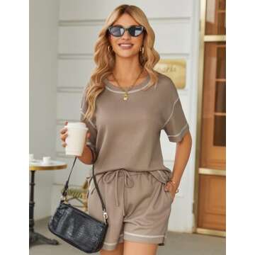 Ekouaer Pajamas for Women Set Waffle Knit Pajama Set 2 Piece Lounge Sets Loungewear PJS With Pockets Khaki