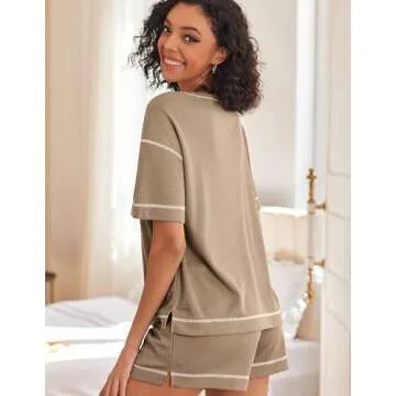 Ekouaer Women’s Stylish Waffle Knit Pajama Set with Pockets