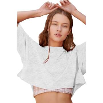 Carpetcom Oversized Workout Shirts for Women Short Sleeve Drop Shoulder Casual Basic Crop Tops Light Gray