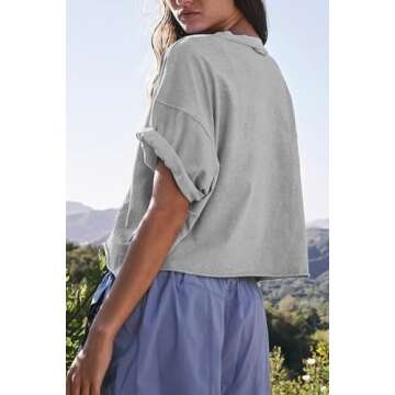 Carpetcom Oversized Workout Shirts for Women Short Sleeve Drop Shoulder Casual Basic Crop Tops Light Gray