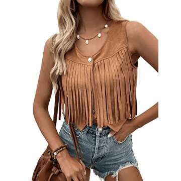 SweatyRocks Women's Suede Fringe Trim Sleeveless Crop Vest Jacket Button Front Coat Coffee Brown S