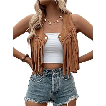 SweatyRocks Women's Suede Fringe Trim Sleeveless Crop Vest Jacket Button Front Coat Coffee Brown S
