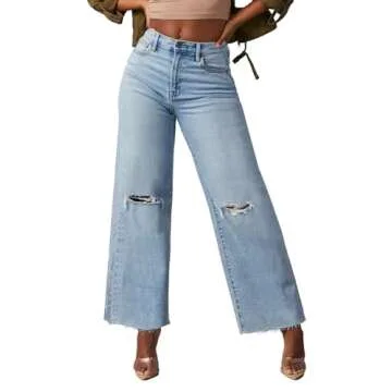 Allimy Women's High Rise Capris for Women Wide Leg Crop Jeans Baggy Y2K Clothing Light Wash Denim Bl...