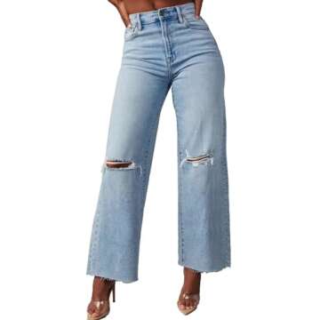 Allimy Women's High Rise Capris for Women Wide Leg Crop Jeans Baggy Y2K Clothing Light Wash Denim Blue Size 8