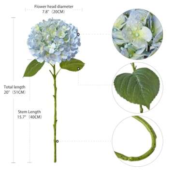 ZYTUYO 20" 4PCS Artificial Light Blue Hydrangea Flowers Large Faux Latex Real Touch Fake Hydrangeas Silk Bouquet with Leaves Stems for Family Table Office Wedding Party Arrangements