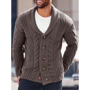 Mens Cable Knit Cardigan Sweater Shawl Collar Loose Fit Long Sleeve Casual Cardigans Brown