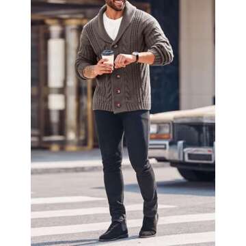 Mens Cable Knit Cardigan Sweater Shawl Collar Loose Fit Long Sleeve Casual Cardigans Brown