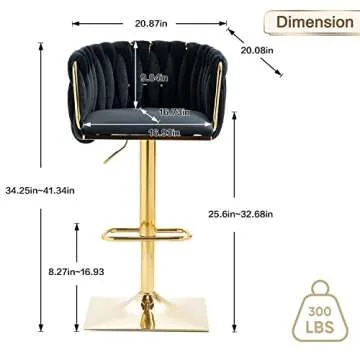 Swivel Velvet Bar Stool Set of 4, Adjustable Comfy Counter Height Barstool, Modern Dining Chair with Woven Back, Upholstered Bar Stools for Bar Counter, Kitchen Island, Cafe, Pub, Farmhouses, Black