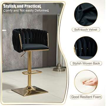 Swivel Velvet Bar Stool Set of 4, Adjustable Comfy Counter Height Barstool, Modern Dining Chair with Woven Back, Upholstered Bar Stools for Bar Counter, Kitchen Island, Cafe, Pub, Farmhouses, Black