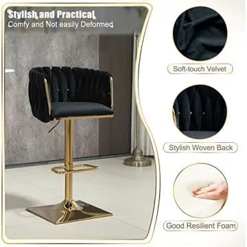 Swivel Velvet Bar Stool Set of 4, Adjustable Comfy Counter Height Barstool, Modern Dining Chair with Woven Back, Upholstered Bar Stools for Bar Counter, Kitchen Island, Cafe, Pub, Farmhouses, Black