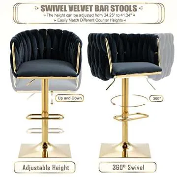 Swivel Velvet Bar Stool Set of 4, Adjustable Comfy Counter Height Barstool, Modern Dining Chair with Woven Back, Upholstered Bar Stools for Bar Counter, Kitchen Island, Cafe, Pub, Farmhouses, Black