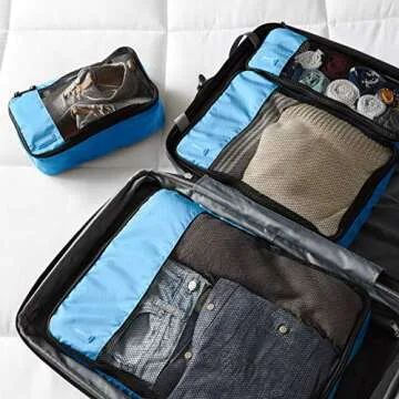 Amazon Basics 4 Piece Packing Travel Organizer Zipper Cubes Set, Small, Medium, Large, and Slim, Sky Blue