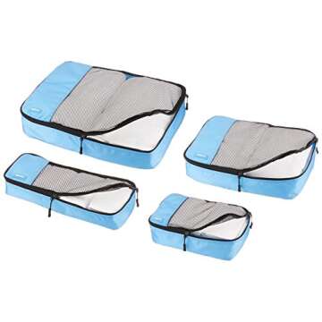 Amazon Basics 4 Piece Packing Travel Organizer Zipper Cubes Set, Small, Medium, Large, and Slim, Sky Blue