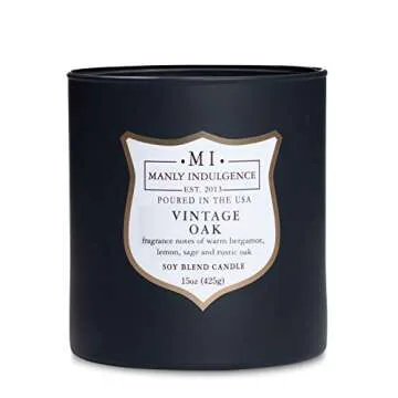 Manly Indulgence Vintage Oak Scented Jar Candle, Wood Wick, Premium Soy Blend White Wax, 60 hr Burn, Matte Dark Gray Jar Candle for Home and Men, 15 oz - USA Poured