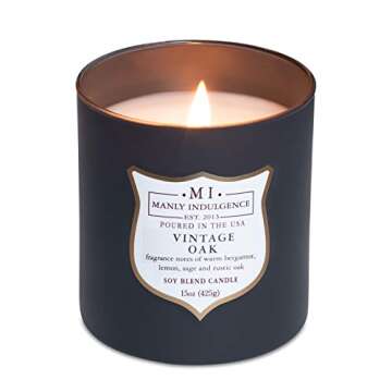 Manly Indulgence Vintage Oak Scented Jar Candle, Wood Wick, Premium Soy Blend White Wax, 60 hr Burn, Matte Dark Gray Jar Candle for Home and Men, 15 oz - USA Poured